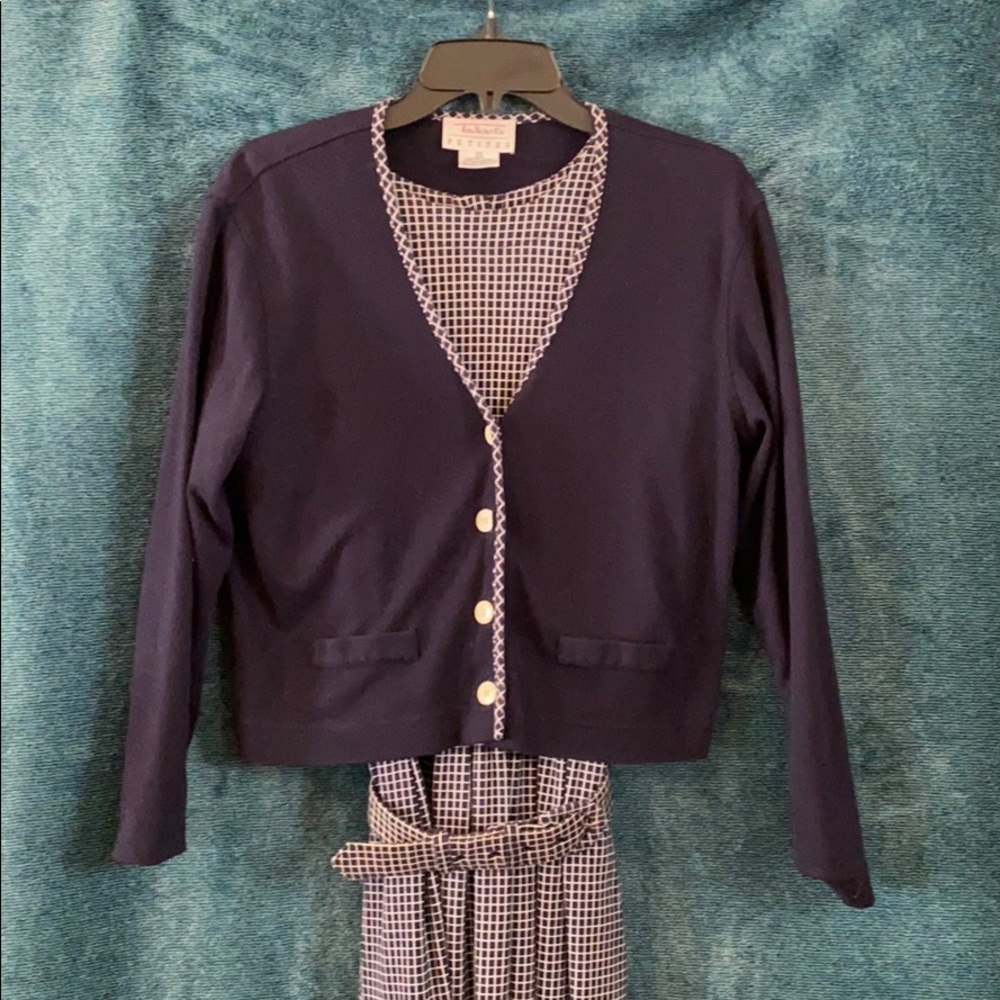 Talbots checkered swing dress w/ belt and cardigan